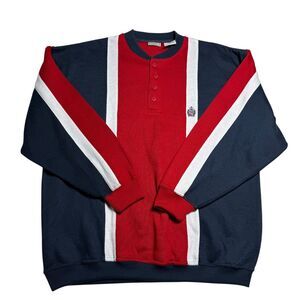 Vintage Bugle Boy Mens Sweatshirt XL Red Colorblock Stripe Henley 90s Retro